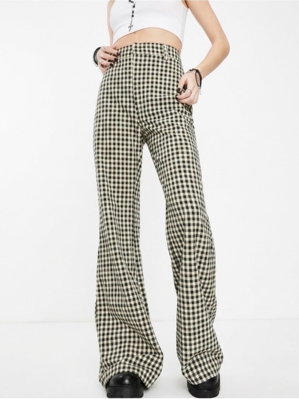 Free People Jules Gingham Print Wide-Leg Pants in Green Sz 8